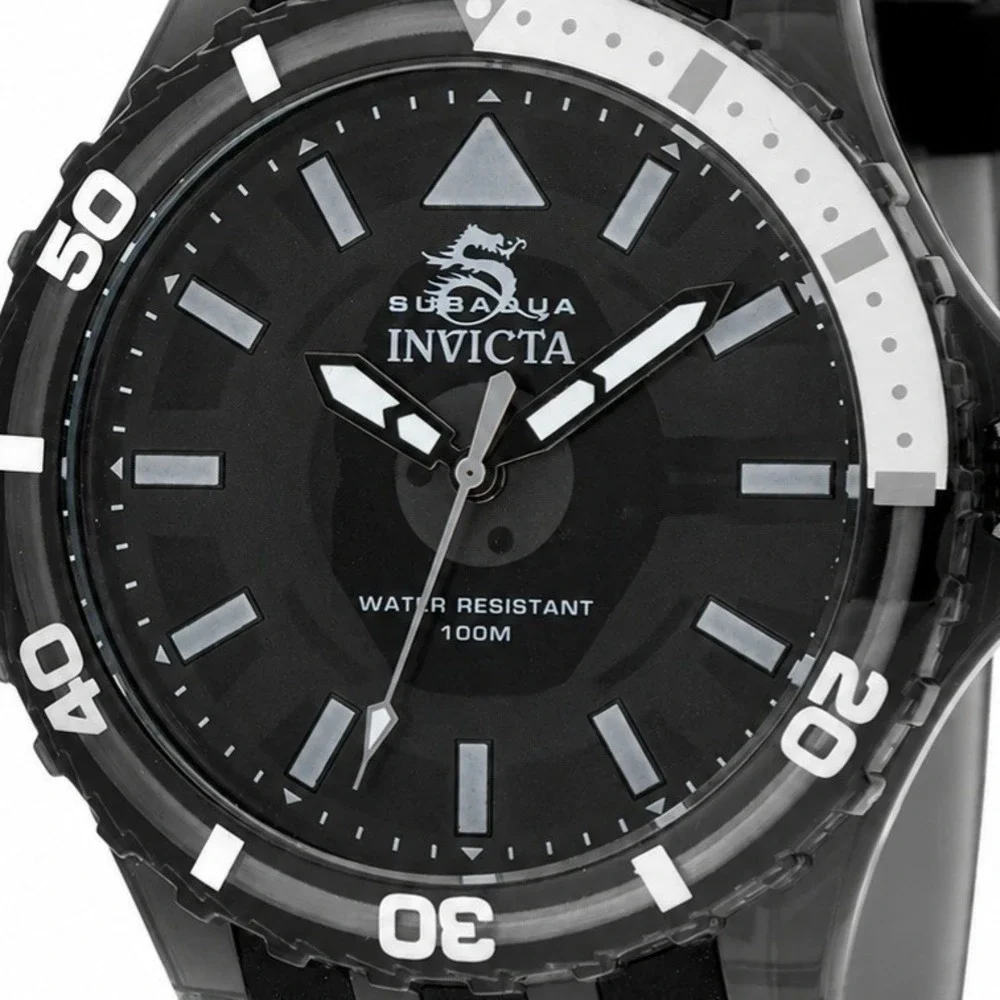 Invicta Subaqua 69447 Mens Watch Black Acrylic 44mm Case Silicone Strap 100M